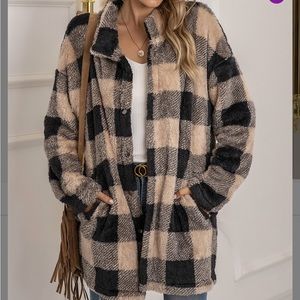 Khaki & Black Plaid Fuzzy Coat NWOT